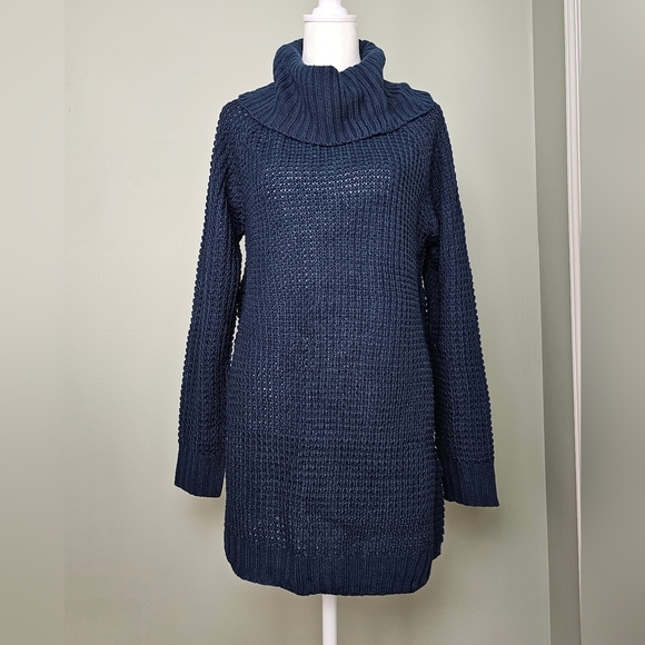 Lisa and Rose Cowl Turtle Neck Waffle Knit Slit Side Sweater Dress SMALL Navy - Picture 3 of 9